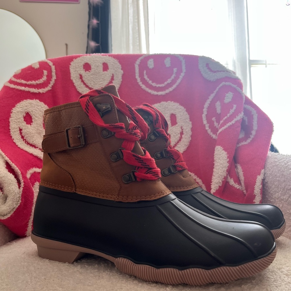 Brown and Black Duck Boots with Red Laces